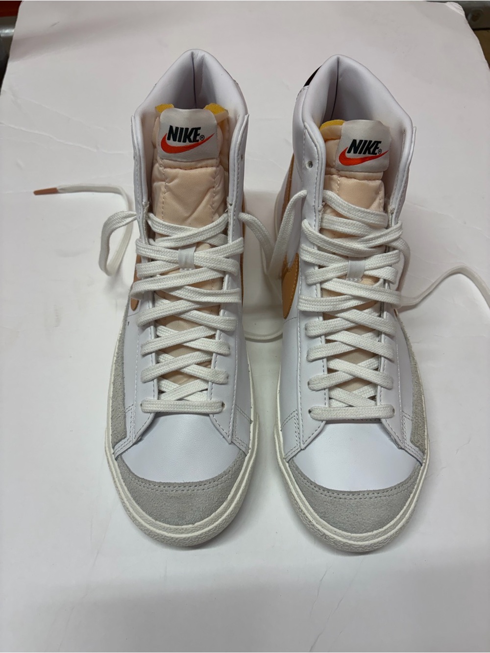 Nike White High-Top Sneakers with Pale Peach Tongue & Yellow Swoosh